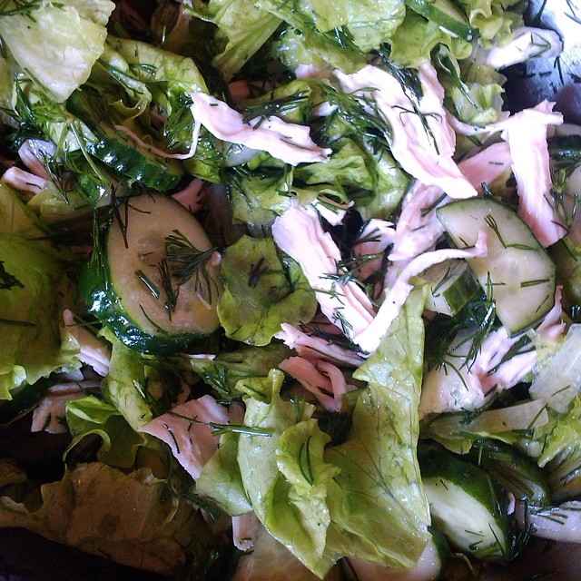 light salad - lettuce, cucumber, dill, onions and boiled chicken
